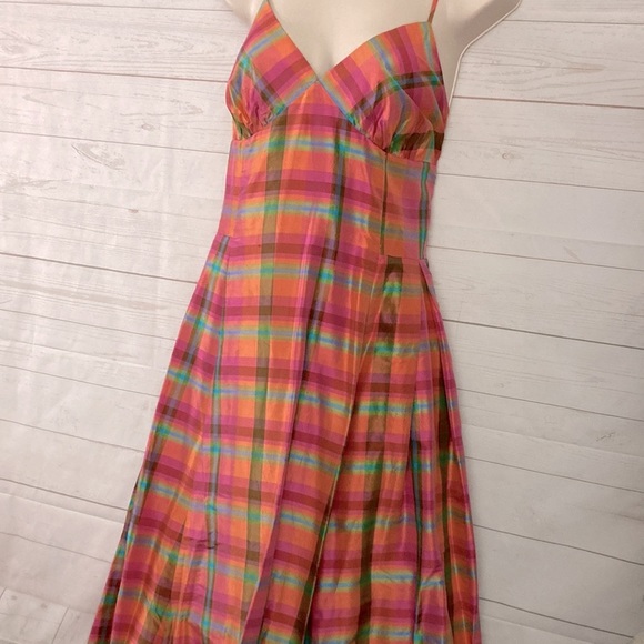 Isaac Mizrahi Size XS 100% Silk Rainbow Plaid Fit & Flare Slip Dress - Picture 7 of 12
